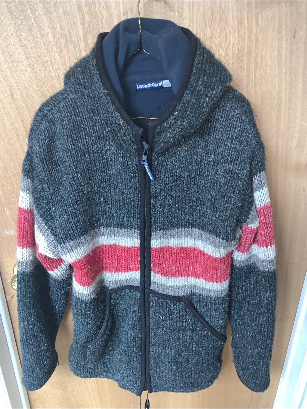 Laundromat Wool Men's Gray Hooded Zip-Up Sweater with Red and Cream Stripes